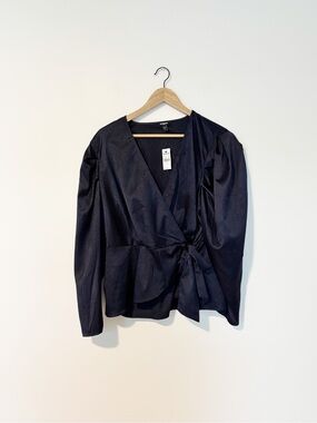 Express Wrap-Front Navy Puff Sleeve Snake Print Blouse Top